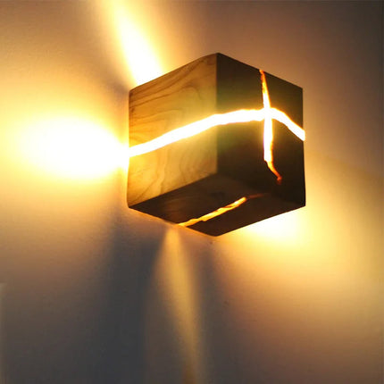 Hand-Carved Solid Wood Wall Light with Resin Inlay | Unique Ambient Glow for Modern Rustic Interiors