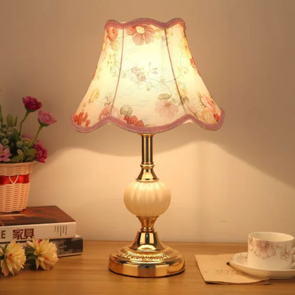 Scandinavian Table Lamp with Floral Shade & Golden Base | Elegant Bedside Light for Cozy Ambiance