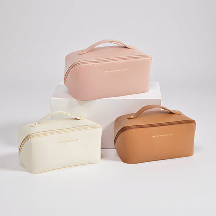 Large Capacity Makeup Bag Organizer with Wide Opening | PU Shell Travel Case for Skincare and Essentials