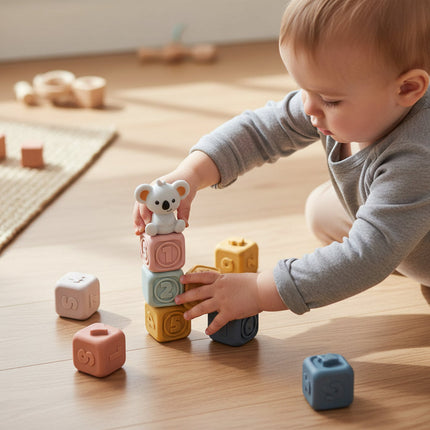 Sensory Baby Stacking Toy with Textured Teething Cubes | Educational Play for Motor Skills and Teething Comfort