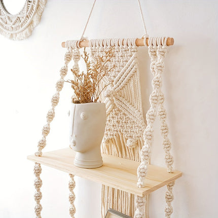 Boho Macrame Wall Shelf with 2-Tier Design | Natural Wood & Cotton Rope for Stylish Space-Saving Storage
