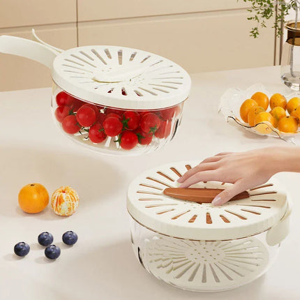 Vegetable Washing Bowl with Strainer Basket and Airtight Lid, Fruit Colander and Pasta Drainer for Fridge Storage, White and Brown