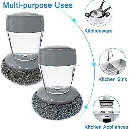 Soap Dispensing Dish Scrubber Set with Handle, Built-In Soap Reservoir, Heavy-Duty Scrub Pad for Pots, Pans and Plates