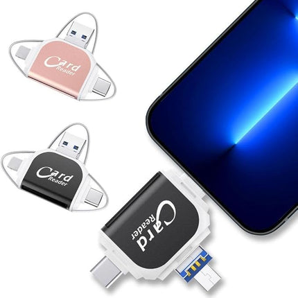 SD Card Reader with USB, USB-C and Lightning Connectors, Reads SD, MicroSD and TF Cards, Black and Rose Gold, 3 in 1 for iPhone and Android