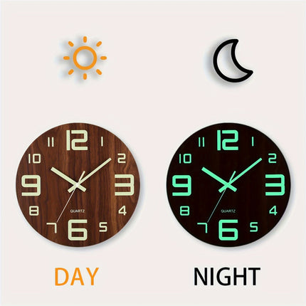 Walnut Luminous Wall Clock with Silent Quartz Movement | Glowing Numbers for Easy Nighttime Visibility