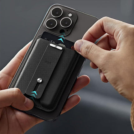 MagSafe Leather Card Holder for Phone, Magnetic Card Wallet with Finger Loop and Portrait or Landscape Stand