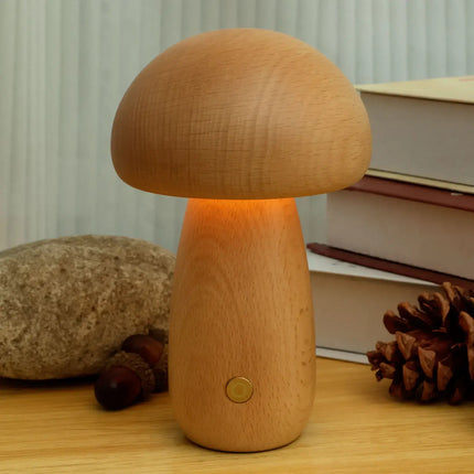 Scandinavian Portobello Mushroom Lamp with Adjustable Soft Light | Rechargeable Natural Wood Night Light for Home Serenity