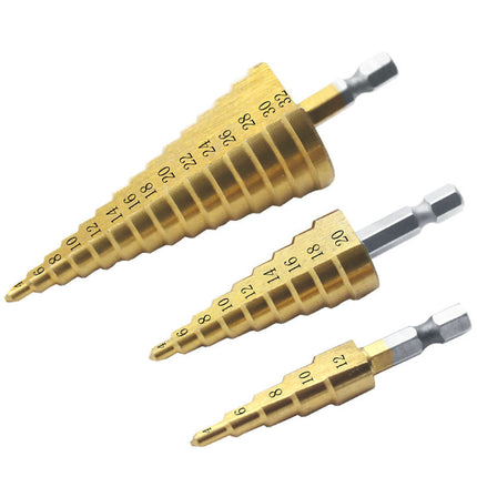 Step Drill Bit 4mm to 32mm Titanium Coated High Speed Steel with 6.35mm Hex Shank for Thin Metal, Aluminium, PVC and Wood