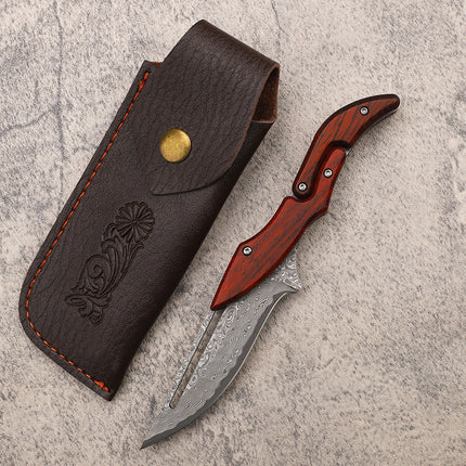 Damascus Steel Folding Pocket Knife, Wood Handle Everyday Carry Knife for Camping and Outdoor Tasks