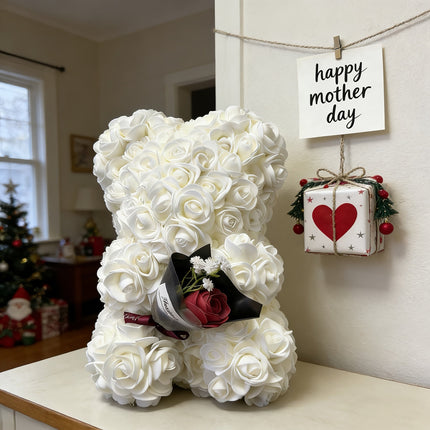 Artificial Flower Rose Bear Gift with Cute Teddy Design | Lasting Tabletop Decor for Mother's Day and Special Occasions