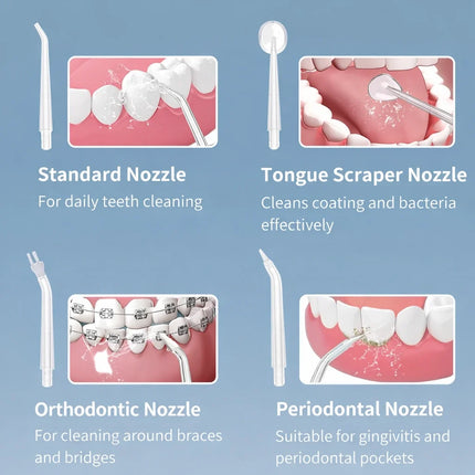 Portable Oral Irrigator, Rechargeable Water Flosser with Soft Mode, Standard and Tongue Scraper Nozzles, Compact Travel Size
