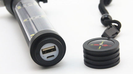 Emergency Solar Flashlight with USB Charging, Power Bank and Tungsten Steel Window Breaker, Multi Function Car Safety Tool