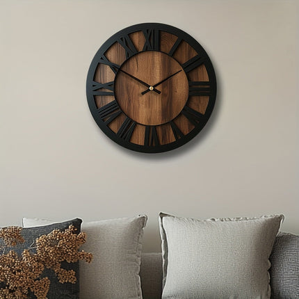 Large Wall Clocks for Living Room, Vintage Roman Numeral Clock with Wooden Face, Silent Farmhouse Wall Clock_00