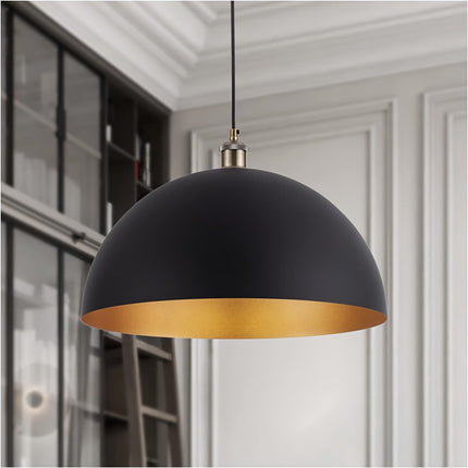 Vintage Industrial Dome Pendant Light with Adjustable Height | Black Iron Shade for Warm Reflective Illumination