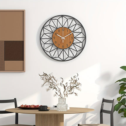 Modern Wall Clock with Silent Quartz Movement | Stylish Metal Frame & Wood Grain Center for Tranquil Interiors