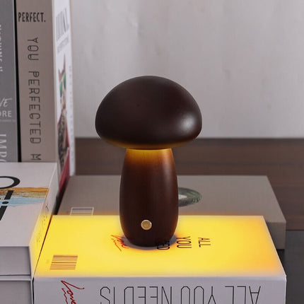 Scandinavian Portobello Mushroom Lamp with Adjustable Soft Light | Rechargeable Natural Wood Night Light for Home Serenity