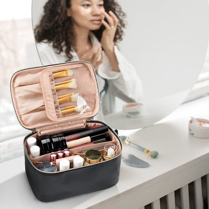 Travel Makeup Bag with Waterproof Vegan Leather & Separate Brush Compartment | Stylish Organizer for Easy Beauty Storage