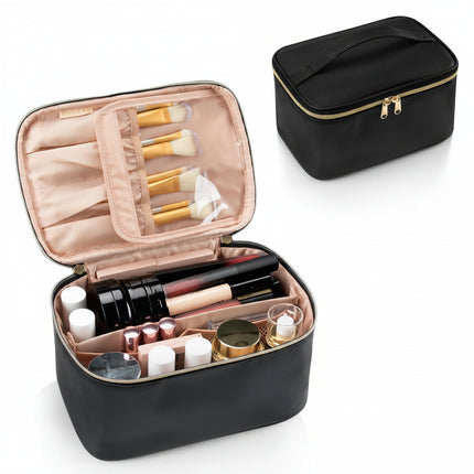 Travel Makeup Bag with Waterproof Vegan Leather & Separate Brush Compartment | Stylish Organizer for Easy Beauty Storage