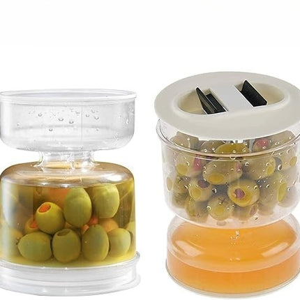 Dual Chamber Pickle and Olive Jar with Flip to Drain Strainer and Brine Catch Base for Fridge Storage