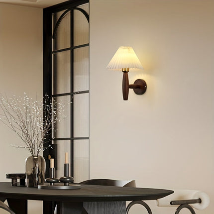 Nordic Wooden Wall Sconce with Pleated Shade | Elegant Ambient Lighting for Bedrooms and Living Spaces