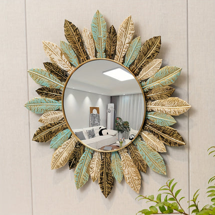 Bohemian Sunburst Metal Wall Mirror with Handcrafted Teal & Gold Leaves | Elegant Accent for Living Room or Bedroom