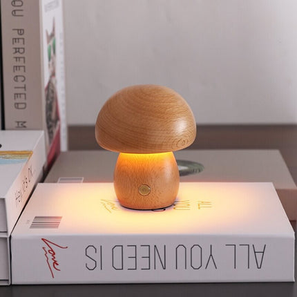 Scandinavian Portobello Mushroom Lamp with Adjustable Soft Light | Rechargeable Natural Wood Night Light for Home Serenity