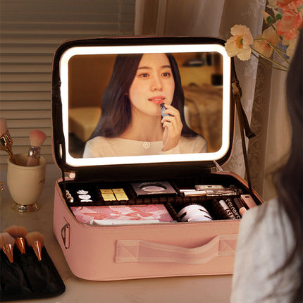 Makeup Organizer Travel Bag with Built In Light, 3 Cold, Natural and Warm Settings, Adjustable Dividers