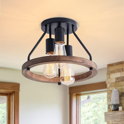 Industrial Wood Ring Ceiling Light with Triple Bulb Design | Rustic Metal Fixture for Warm Illumination in Hallways and Bedrooms