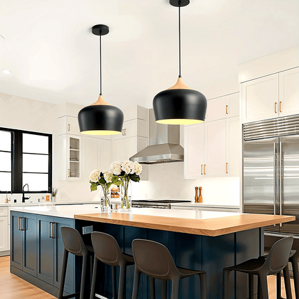 Scandinavian Pendant Light with Matte Metal Shade & Wood Grain Accent | Elegant Illumination for Kitchen and Dining Spaces