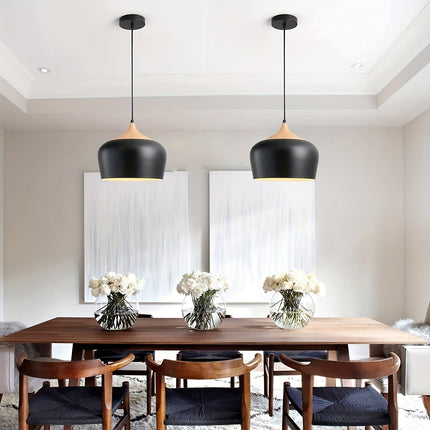 Scandinavian Pendant Light with Matte Metal Shade & Wood Grain Accent | Elegant Illumination for Kitchen and Dining Spaces