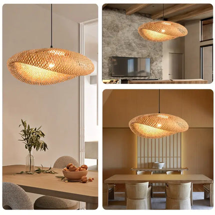 Handwoven Rattan Pendant Lampshade with Natural Bamboo | Vintage Boho Design for Cozy Home Atmosphere