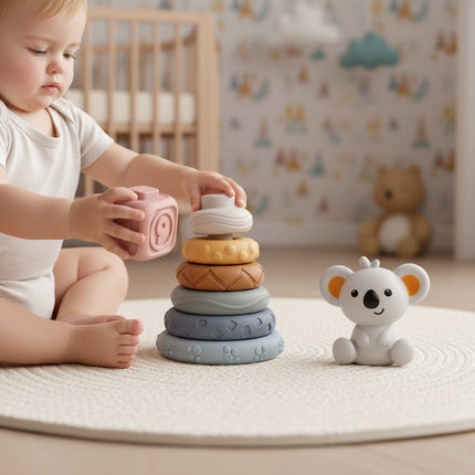 Sensory Baby Stacking Toy with Textured Teething Cubes | Educational Play for Motor Skills and Teething Comfort
