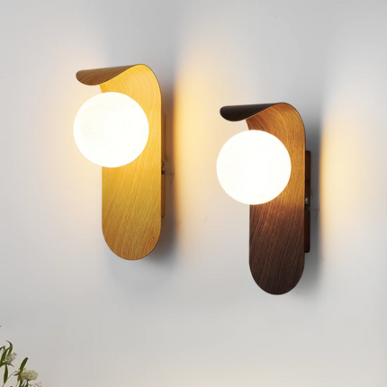 Scandinavian LED Wall Lamp with Wooden Body & Frosted Glass Globe | Warm Ambient Light for Living Room and Bedroom