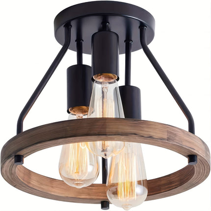 Industrial Wood Ring Ceiling Light with Triple Bulb Design | Rustic Metal Fixture for Warm Illumination in Hallways and Bedrooms