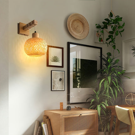 Rustic Wooden Wall Sconce with Handwoven Rattan | Warm Ambient Lighting for Natural-Inspired Interiors
