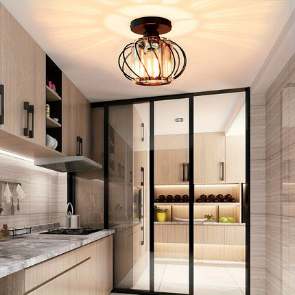 Modern Industrial Cage Ceiling Light with Glass Shade | Durable Polished Metal Fixture for Stylish Illumination