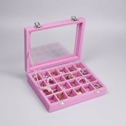 Jewelry Organizer Tray with Glass Lid & Adjustable Compartments | Velvet Storage for Rings and Earrings
