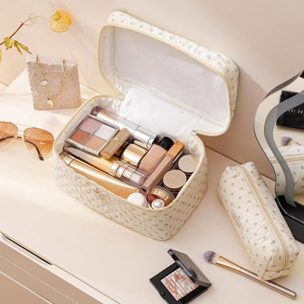 Floral Makeup Bag Set with Soft Quilted Design | 3-Piece Travel Organizer for Beauty and Toiletries