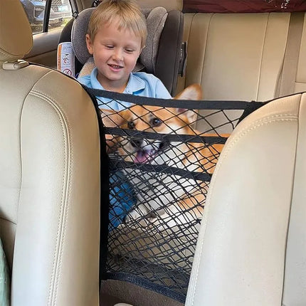 Car Seat Back Storage Net and Rear Pet Barrier with Adjustable Straps and Hooks for Cars, SUVs and Trucks