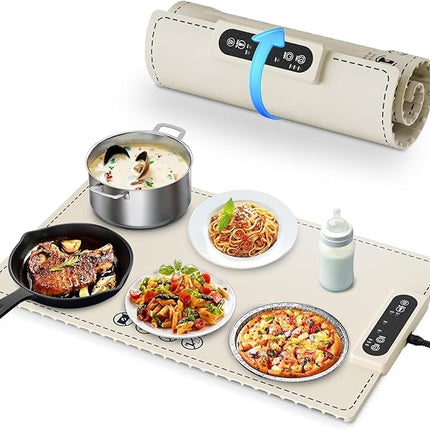 Heating Food Mat with Adjustable Heat Levels and 10 Second Heat Up, Warming Tray for Coffee, Soup and Plated Meals