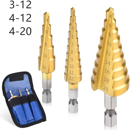 Step Drill Bit 4mm to 32mm Titanium Coated High Speed Steel with 6.35mm Hex Shank for Thin Metal, Aluminium, PVC and Wood