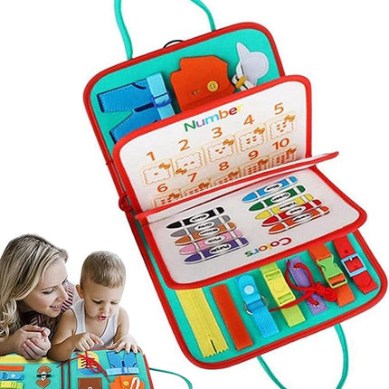Toddler Busy Book, Quiet Activity Book with Buckles, Zippers, Laces, Counting Board and Reusable Drawing Board for Preschool Kids