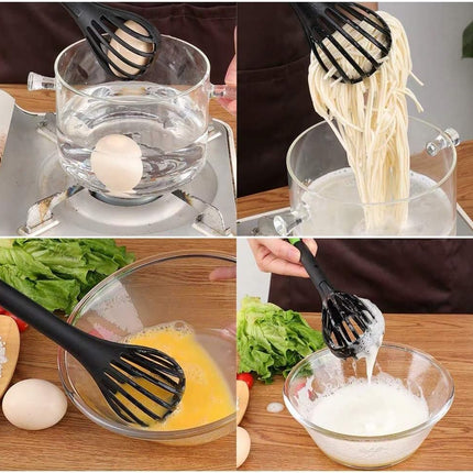 3-in-1 Kitchen Whisk Tongs, Slotted Whisk, Food Tongs and Strainer in One Utensil for Eggs, Pasta and Salads, Black