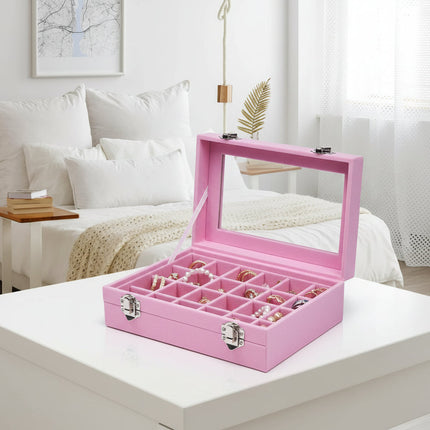 Jewelry Organizer Tray with Glass Lid & Adjustable Compartments | Velvet Storage for Rings and Earrings