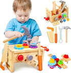 Wooden Tool Box for Kids, Wooden Workbench with 29 Piece Toy Tool Set, Educational Toys, Wooden Toys for Motor Skills