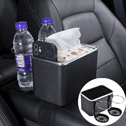 Car Armrest Organizer with Dual Cup Holders and Tissue Box Slot, Compact Console Storage for Phones, Snacks and Bottles