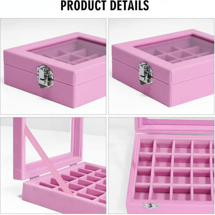 Jewelry Organizer Tray with Glass Lid & Adjustable Compartments | Velvet Storage for Rings and Earrings