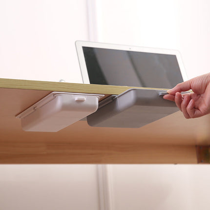 Under Desk Drawer Organizer in White and Gray, Small and Large Sizes, Self Adhesive Pull Out Hidden Storage Tray