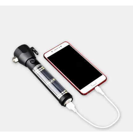 Emergency Solar Flashlight with USB Charging, Power Bank and Tungsten Steel Window Breaker, Multi Function Car Safety Tool
