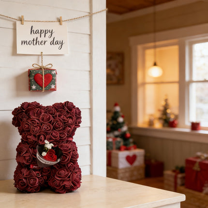 Artificial Flower Rose Bear Gift with Cute Teddy Design | Lasting Tabletop Decor for Mother's Day and Special Occasions